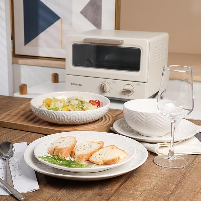 Sureasy Ceramic Plates and Bowls Sets, 24 Pieces Dinnerware Sets for 6, Embossed Scratch Resistant Dinner Set, Dishwasher and Microwave Safe, White