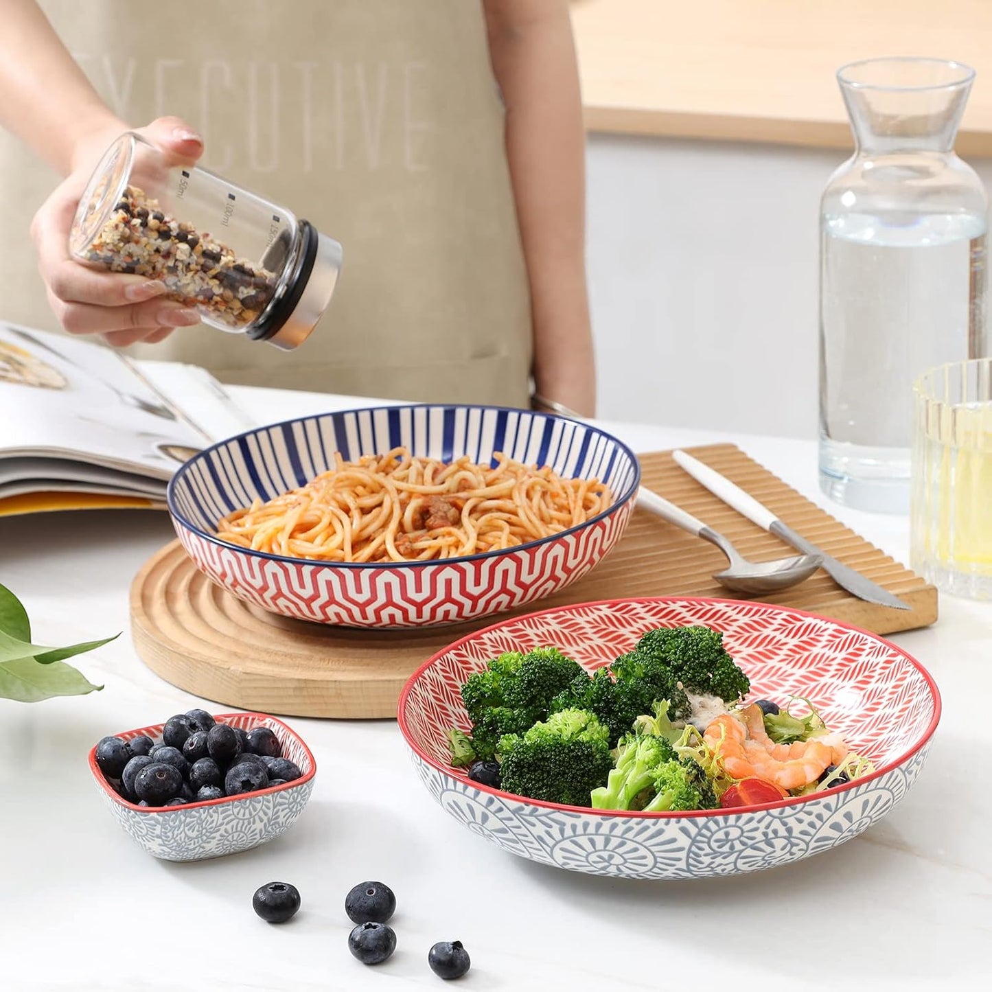 KitchenTour Large Pasta Bowls 34 oz, Ceramic Salad Serving Bowls Set of 6, 8.6 Inch Wide and Shallow Bowl Soup Bowl- Dishwasher and Microwave Safe, Assorted Colors