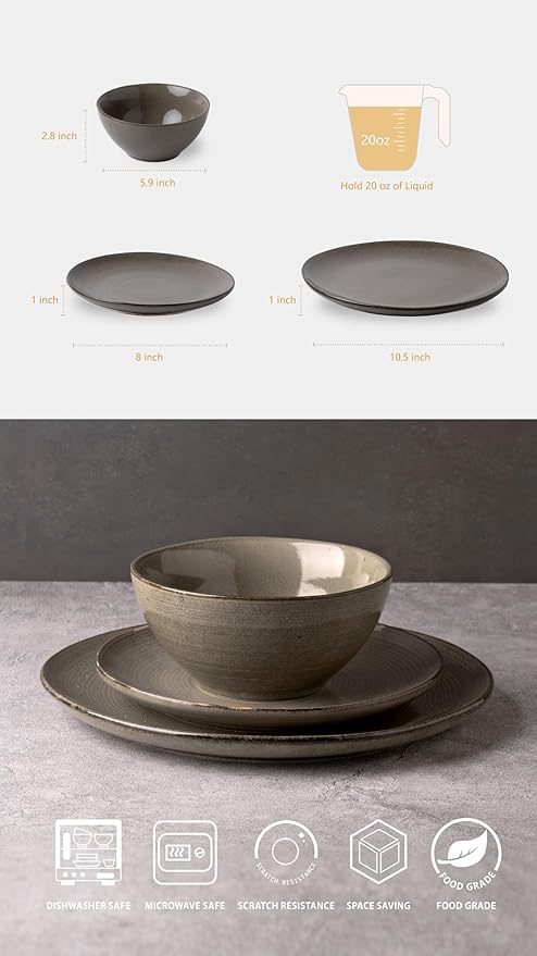 Famiware Tempus Plates and Bowls Sets for 6, 18 Pieces Stoneware Dinnerware Sets, Reactive Glaze Dishes Set, Dishwasher & Microwave Safe - Dark Olive