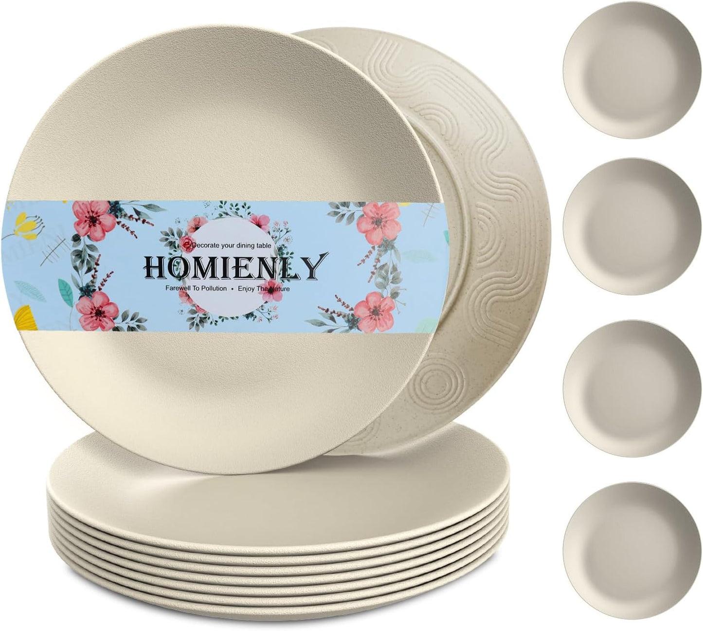 Wheat Straw Dinner Plates Set of 8 - Alternative to Plastic - Microwave & Dishwasher Safe - Unbreakable - For Kitchen, Camping, Salad, Appetizer (Beige, 10 inch)