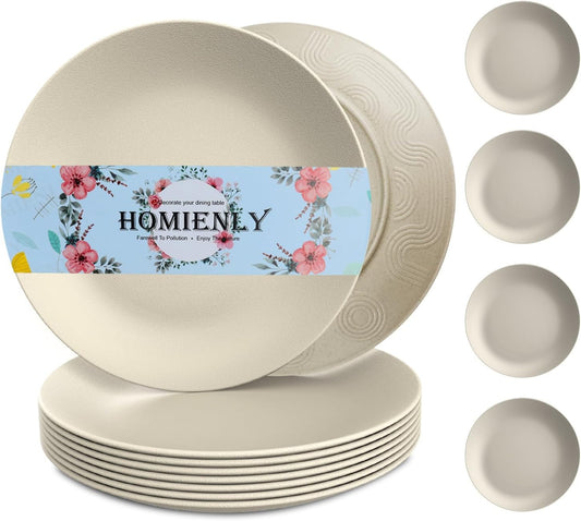 Wheat Straw Dinner Plates Set of 8 - Alternative to Plastic - Microwave & Dishwasher Safe - Unbreakable - For Kitchen, Camping, Salad, Appetizer (Beige, 10 inch)