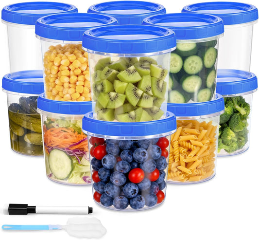 12 Pcs 32 oz Freezer Storage Containers for Soup, Plastic Containers with Screw Top Lids, Reusable Clear Food Storage Containers with Pen and Brush, Microwave & Dishwasher Safe