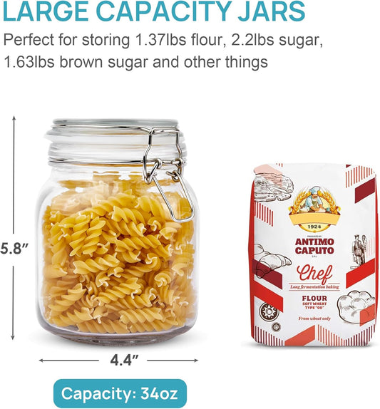 Vtopmart 34oz Glass Food Storage Jars with Airtight Clamp Lids, 3 Pack Kitchen Canisters for Flour, Cereal, Coffee, Pasta and Canning, Square Mason Jar with 8 Chalkboard Labels