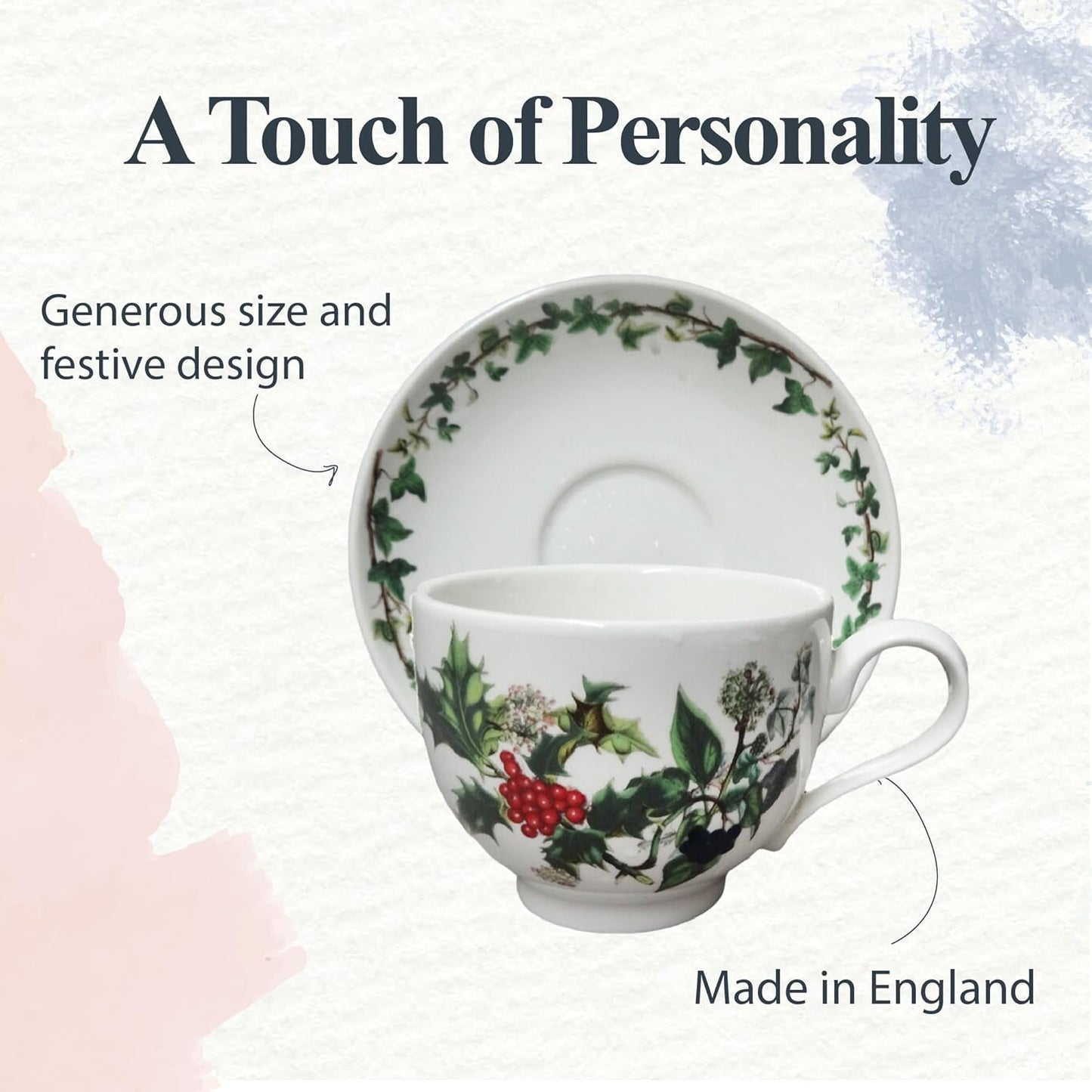 Portmeirion Holly and Ivy 7 oz Holiday Teacup and Saucer Set (Set of 6) - Earthenware Holly Motif, Festive Tableware for Christmas Tea Parties, Elegant Seasonal Gifts - Dishwasher & Microwave Safe