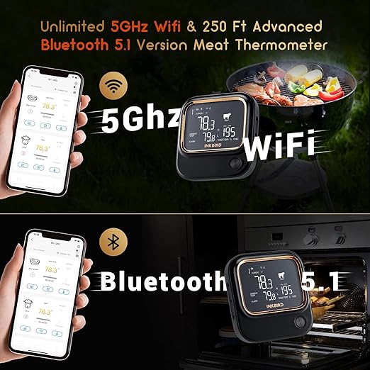 INKBIRD 5GHz/2.4GHz WiFi & Bluetooth 5.1 Meat Thermometer, 6 Probes WiFi Meat Thermometer for Smoking Grilling Wireless Meat Probe for BBQ Oven