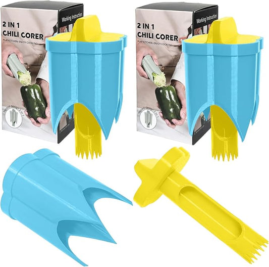 Pepper Corer, 2 in 1 Red Bell Pepper Seed Corer Remover Tool, Fruit & Vegetable Corers Quick Cave Tools for Jalapeno Cutter Deseeder, Yellow Blue, 2 PCS