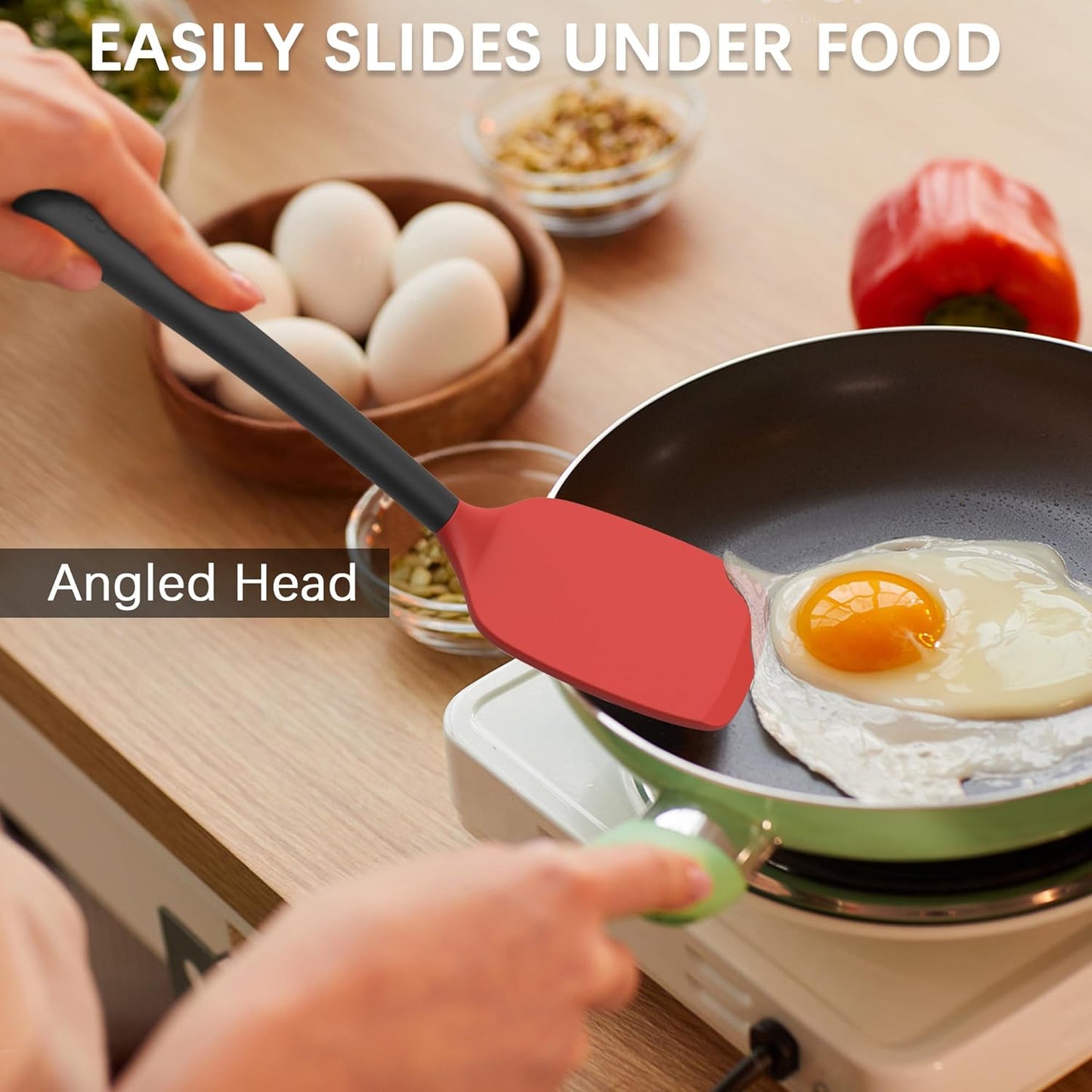 Coukre 2 Pack Silicone Spatula Set, High Heat Resistant, BPA Free Kitchen Spatula, Solid & Slotted Turner for Non-Stick Pans, Sautéing, and Flipping (2, Red)