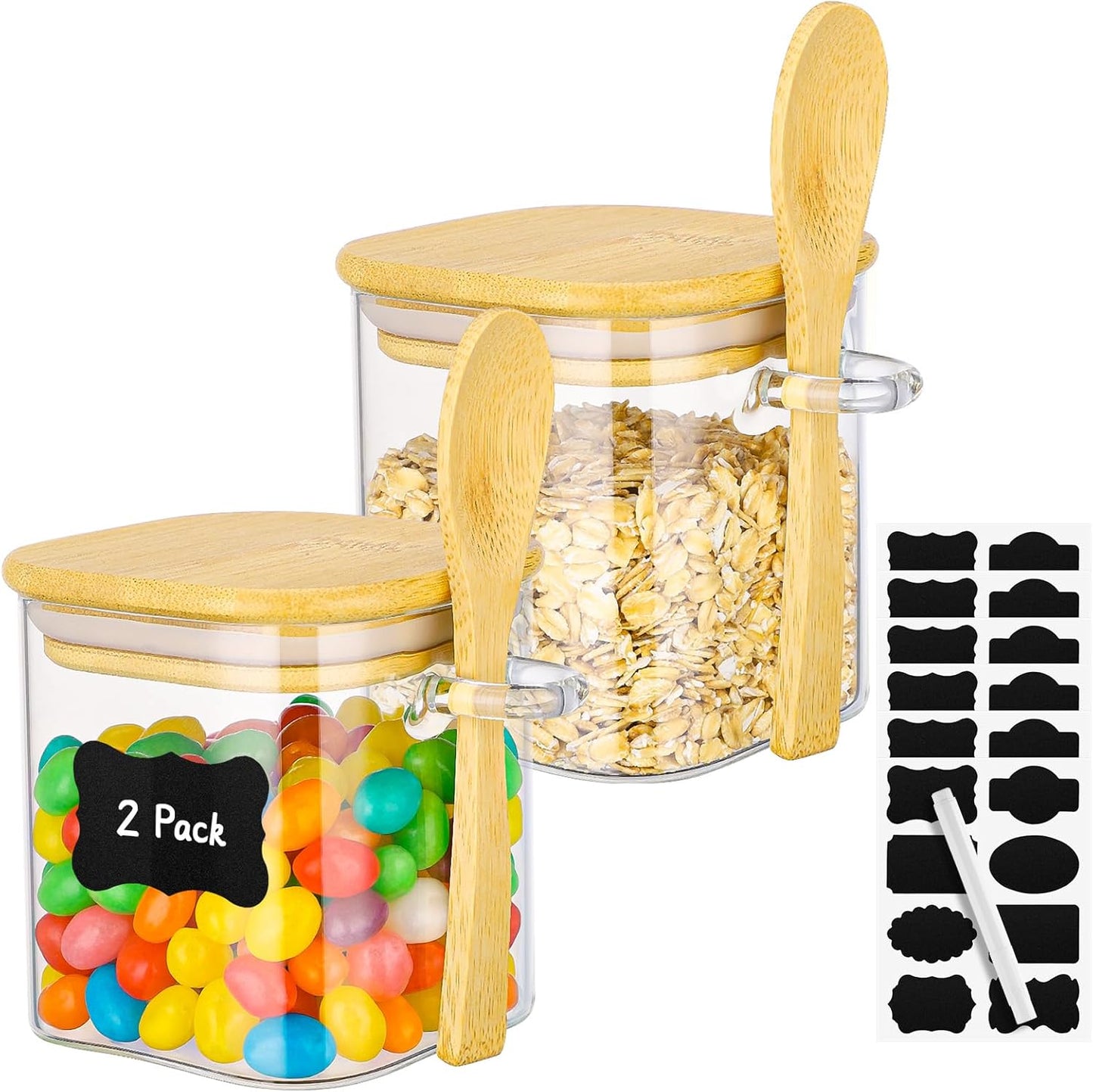 Glass Spice Jars with Airtight Lids - 2 Pack 10 Fl.oz Square Glass Storage Jars with Bamboo Lid and Spoon, Kitchen Pantry Storage Container Food Canister for Coffee, Sugar, Loose Tea, Candy