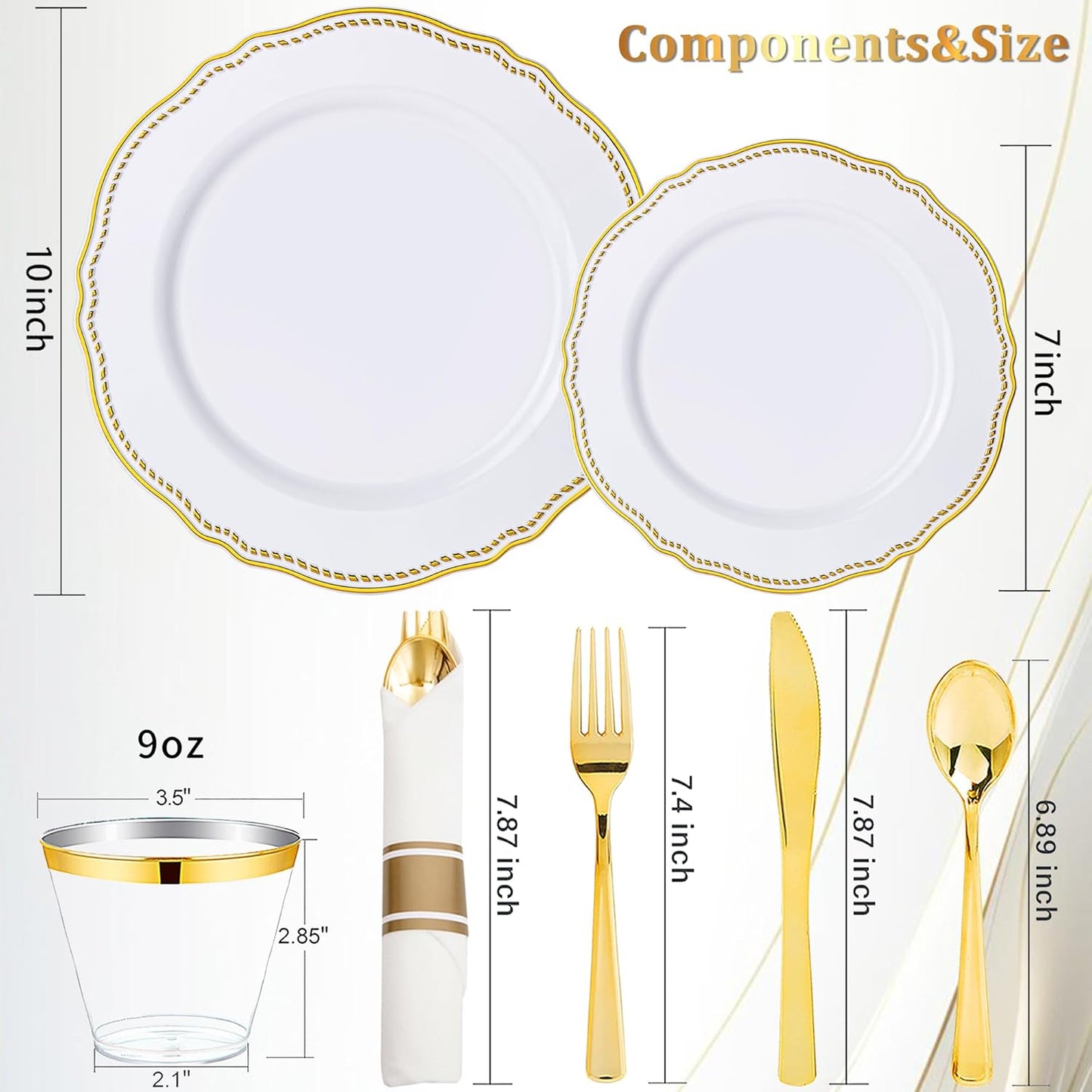 Hioasis 350pcs White and Gold Plastic Plates - Gold Plastic Dinnerware Set Includes 50 Dinner Plates, 50 Dessert Dinnerware, 50 Cups, 50 Rolled Napkin Cutlery Perfect for Wedding & Thanksgiving