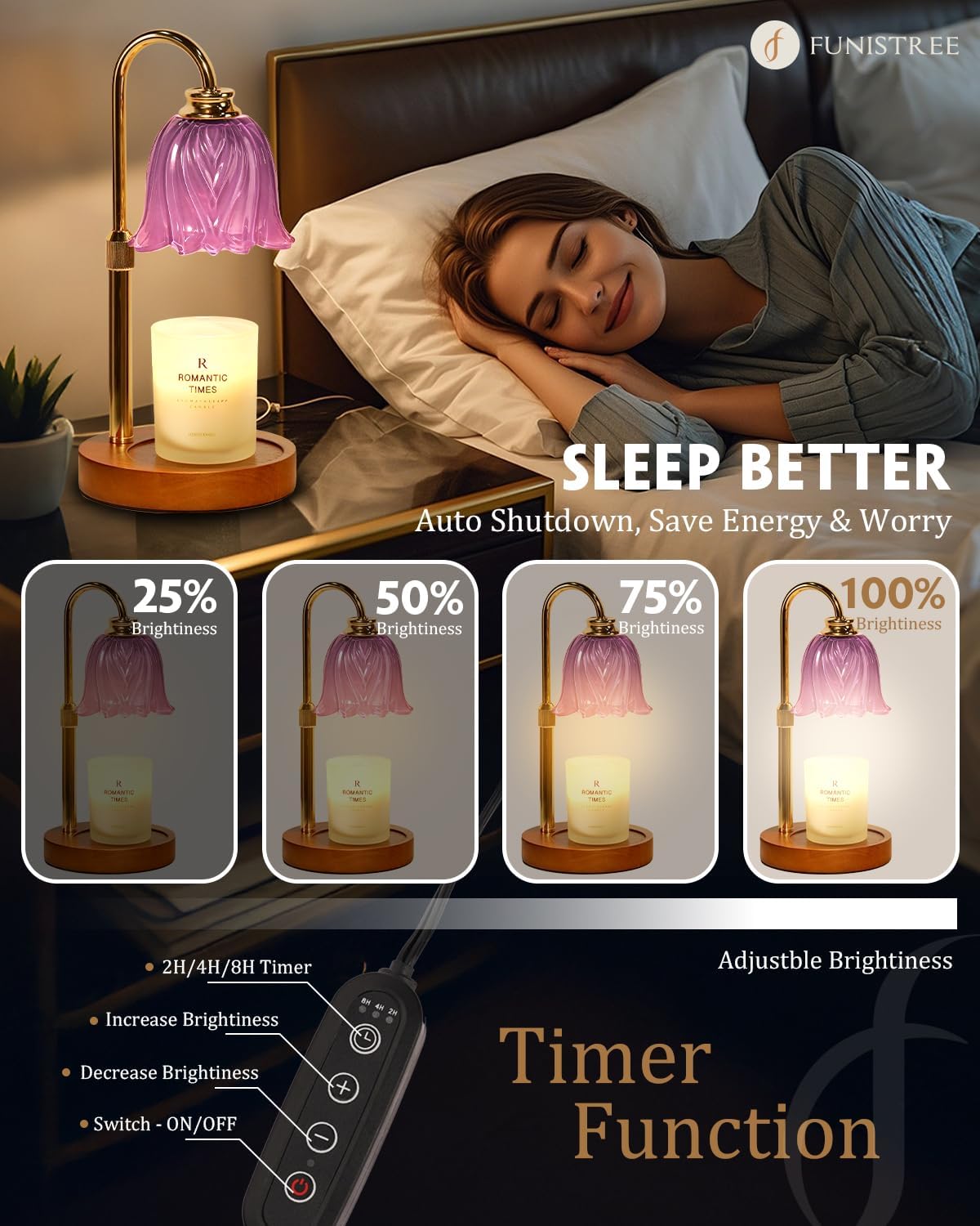 Candle Warmer Lamp, Gold Candle Lamp Warmer with Timer & Dimmer with 2 Bulbs, Christmas Gifts for Women Mom, House Warming Gifts New Home Bedroom Decor, Height Adjustable