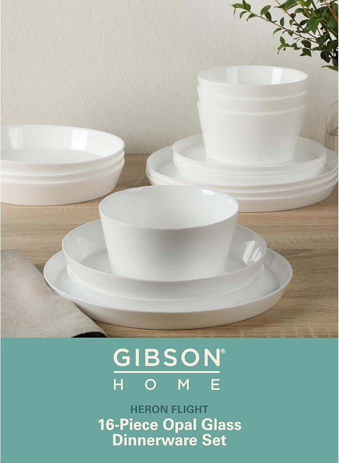 Gibson Home Modern Opal (Service for 4) 16 Piece Glass Chip Resistant Dishes Double Plates and Bowls Lightweight Dinnerware Set