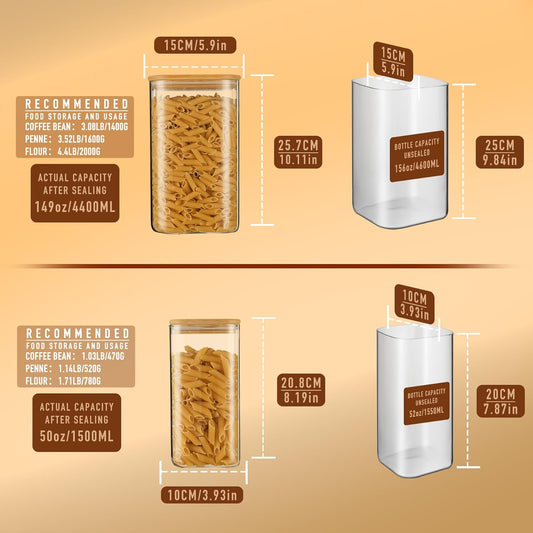 156oz 52oz Airtight Glass Square Storage Canister with Bamboo Lid Set of 2(4600ml*1 1550ml*1) Large Gallon Glass Jars for Sugar, Flour, Cookies and Coffee beans (‎with Black Lable)
