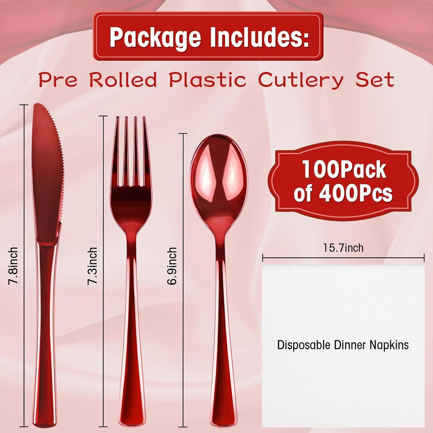 100Pack Red Pre Rolled Plastic Silverware - Wrapped Red Disposable Cutlery with Napkins, Heavy Duty Rolled Plastic Silverware Set, Disposable Utensils with Dinner Napkins for Valentine's Day