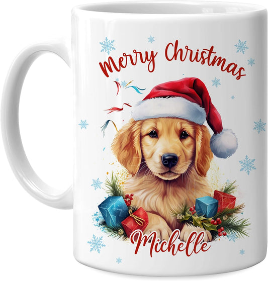 Hyturtle Personalized Gifts Dog Lover - Golden Retriever Merry Christmas Custom Name Ceramic Coffee Mug Cup 11oz - Cute Animal Lovers Gifts For Women, Girl kids Family On Birthday, Christmas