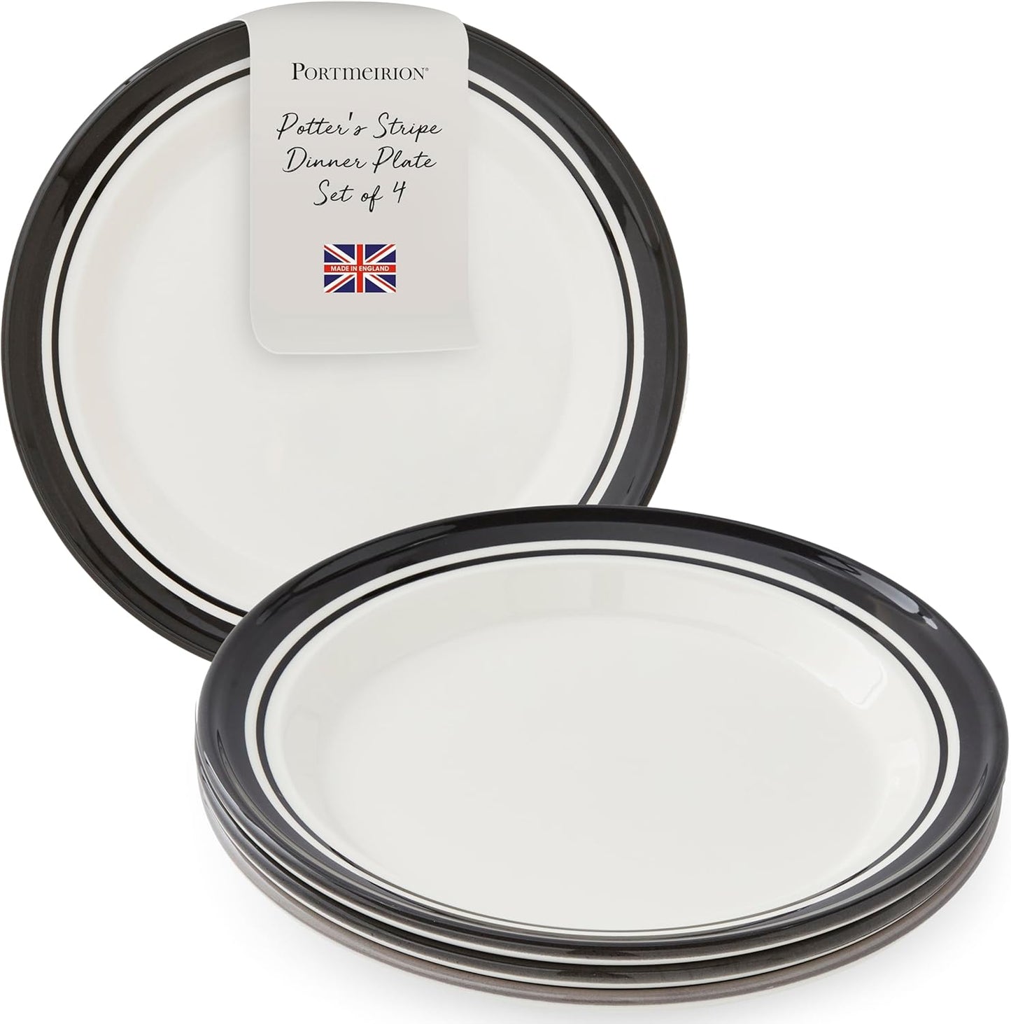 Portmeirion Potter's Stripe 10.5" Dinner Plate (Set of 4) - Handcrafted Earthenware Plates with Accent Rim, Microwave & Dishwasher Safe - Ideal Tableware for Modern & Traditional Dining (Black Stripe)