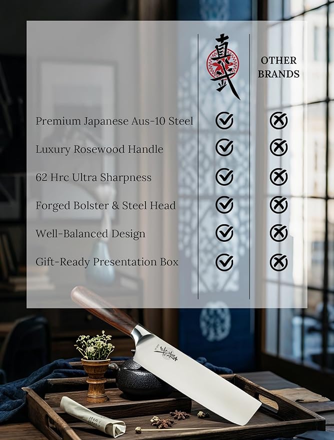 Nakiri Knife 7 Inch, Japanese AUS-10 High Carbon Stainless Steel Chef Knife, Rosewood Handle, Razor Sharp Vegetable Cleaver for Chopping, Gift Box Included