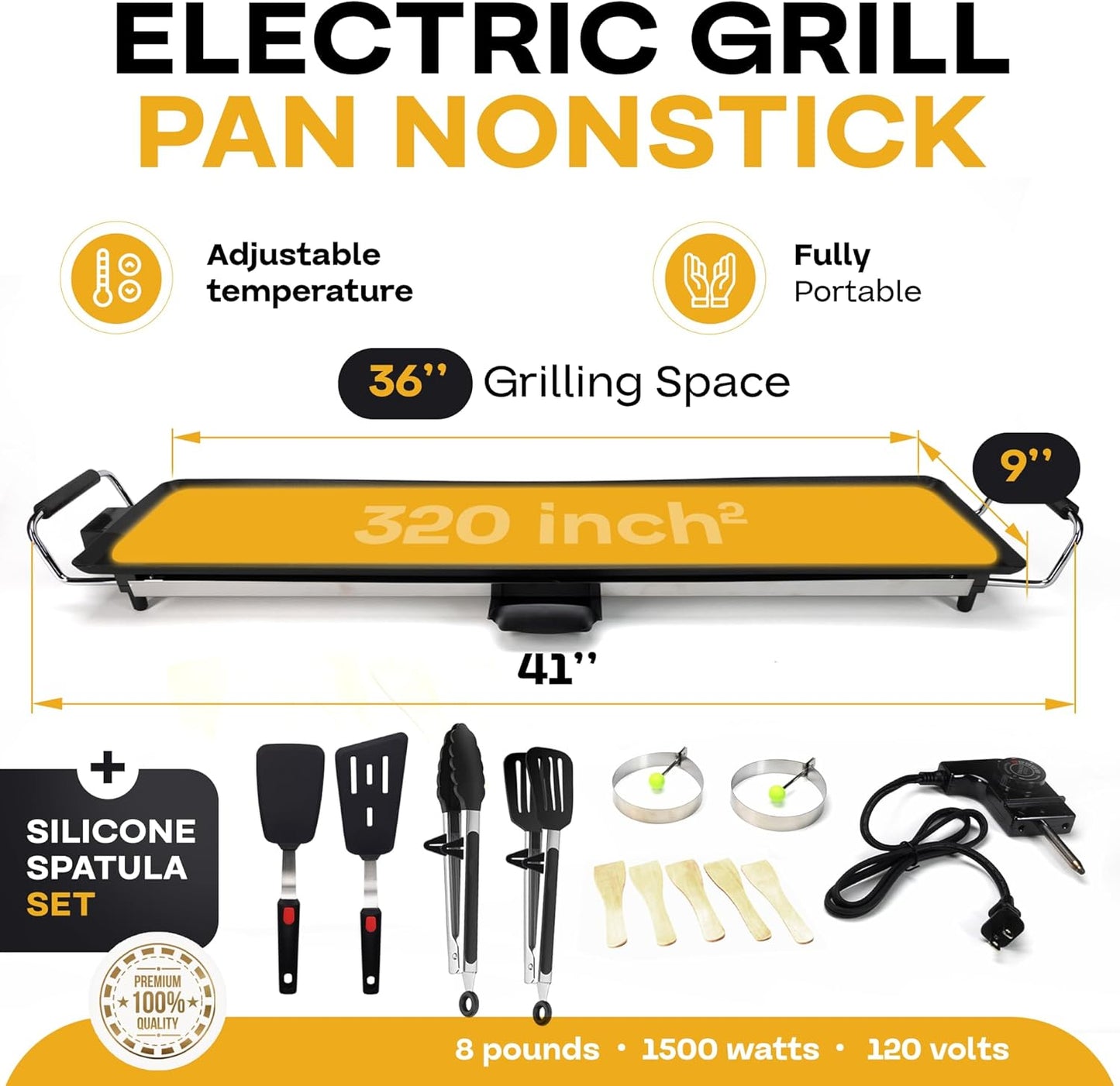 Premium Electric Griddle 36" with Silicone Cooking Utensils Set - Extra Large Portable & Nonstick Electric Grill for Outdoor Use with Adjustable Heating - Smokeless Indoor Grill by IDL Packaging