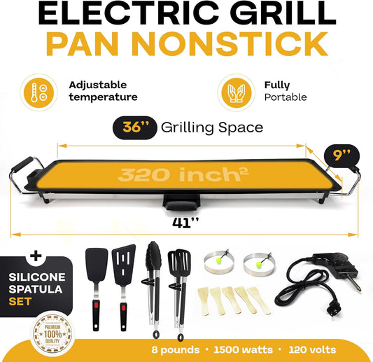 Premium Electric Griddle 36" with Silicone Cooking Utensils Set - Extra Large Portable & Nonstick Electric Grill for Outdoor Use with Adjustable Heating - Smokeless Indoor Grill by IDL Packaging