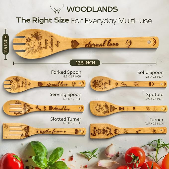 Wooden Spoons for Cooking - 6-Piece Wooden Utensil Set with Spatulas & Spoons, Heat-Resistant, Eco-Friendly Kitchen Utensils for Non-Stick Cookware (Love)