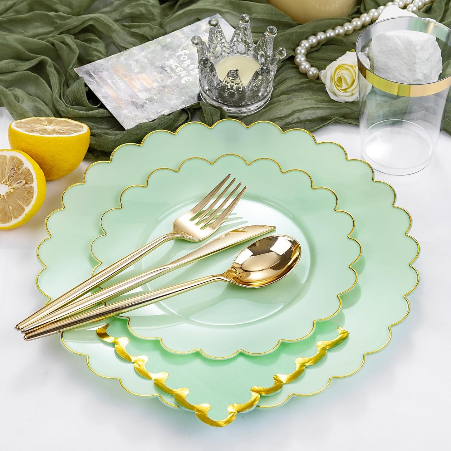 LIYH 210 Pcs Sage Green Plastic Disposable Scalloped Party Plates - Green Plates and Napkins Include Baby Shower Plate Gold Plastic Silverware for Weddings Birthday 30 Guests