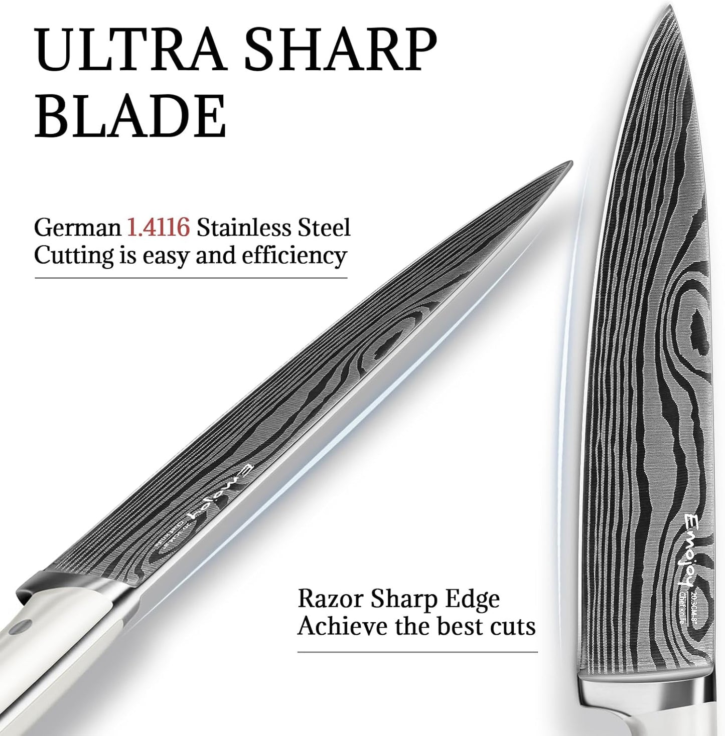 Knife Set, Emojoy 18-Pieces Kitchen Knife Set With Wooden Block, German Stainless Steel Knife Block Set With Built-In Sharpener, Professional Sharp Knives Set for Kitchen,White