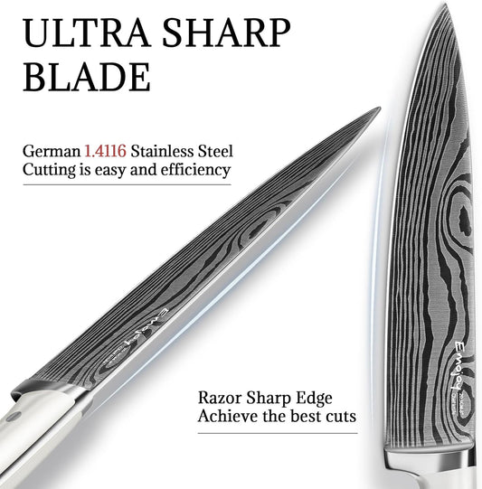 Knife Set, Emojoy 18-Pieces Kitchen Knife Set With Wooden Block, German Stainless Steel Knife Block Set With Built-In Sharpener, Professional Sharp Knives Set for Kitchen,White