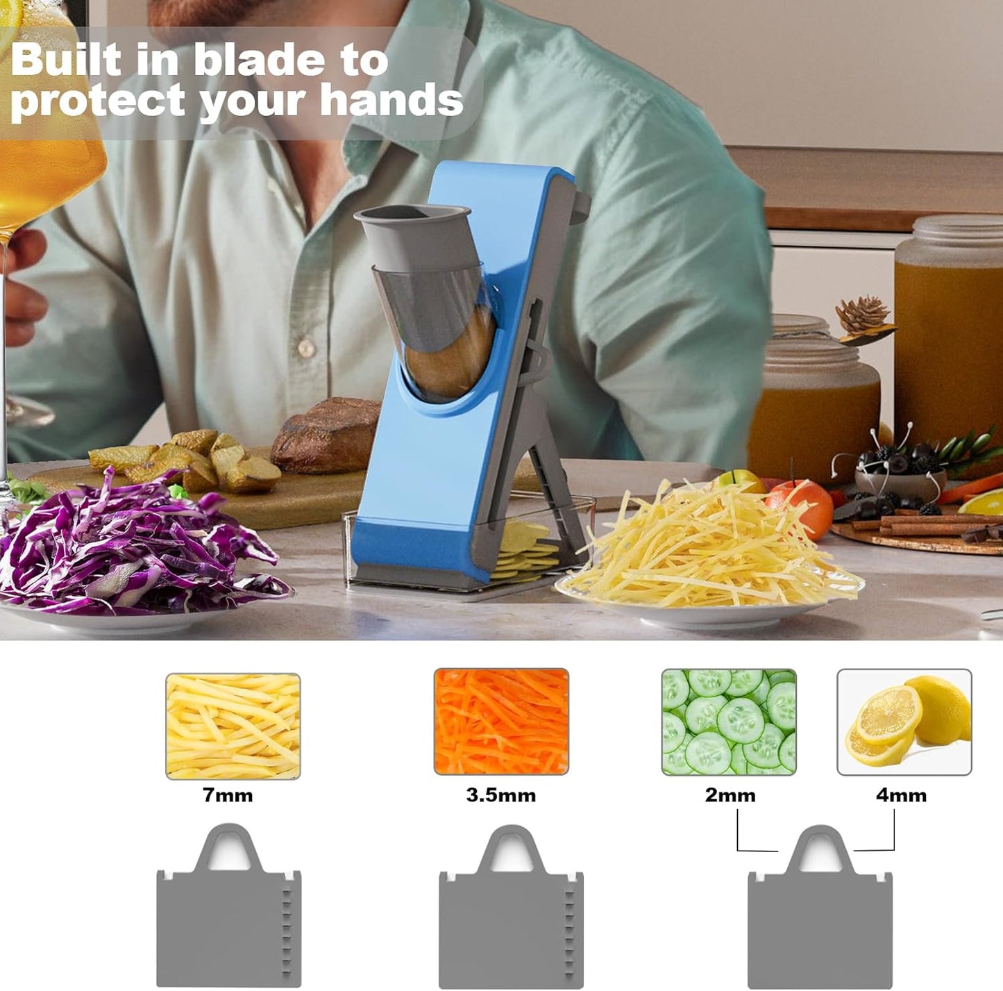 Gray Light Blue Mandoline Slicer - Potato & Vegetable Food Slicer and Chopper - Easy to Clean Kitchen Chopping Artifact