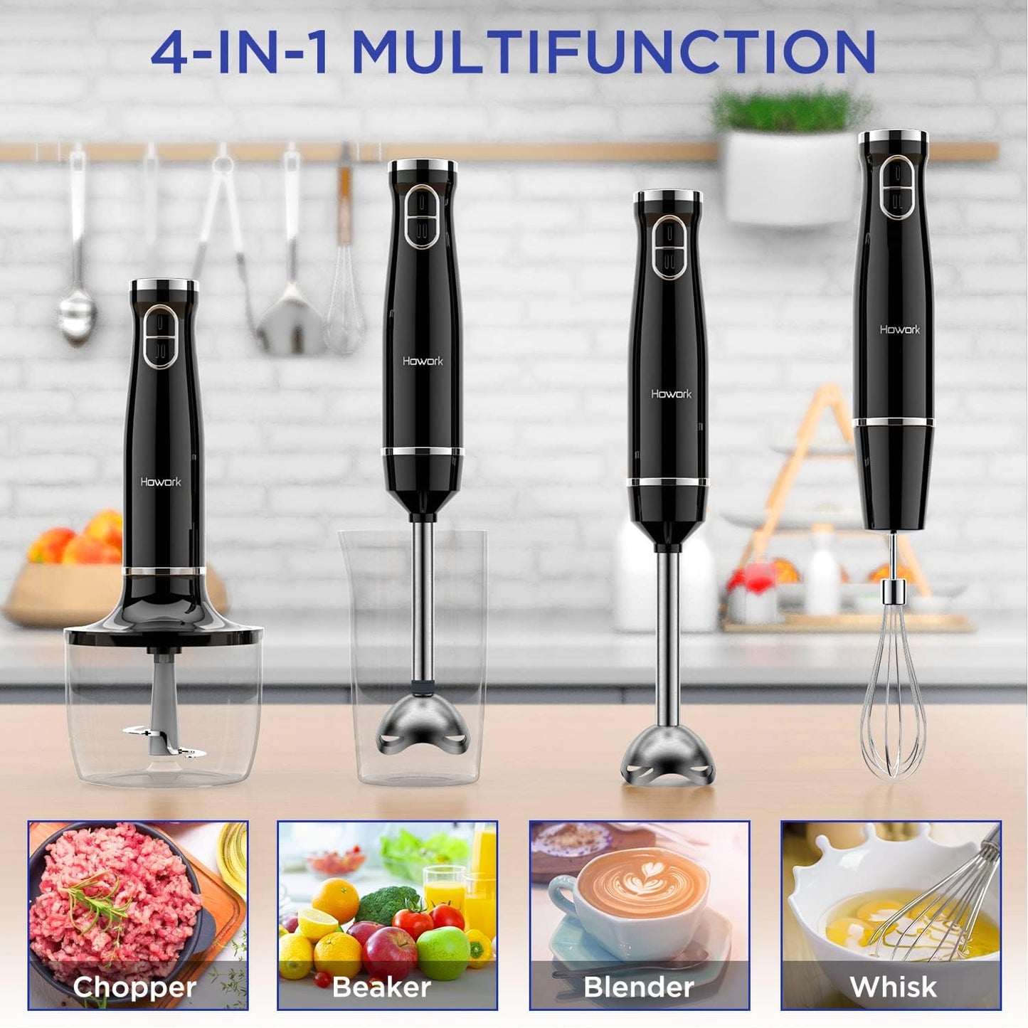 Howork 450W Immersion Hand Blender, 4-in-1 Multifunctional 2 Speed Stainless Steel Handheld Stick Blender, Titanium Cross Blade, 600ml Mixing Beaker and 500ml Food Processor, Dishwasher Safe, Black
