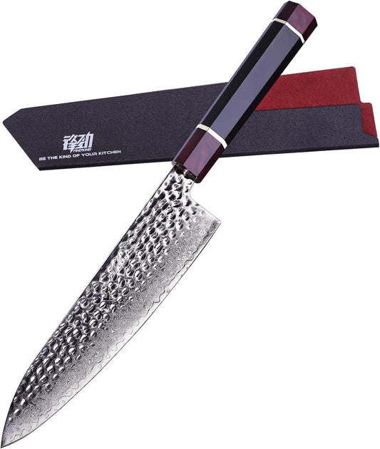 FINDKING Eternity Series Japanese Chef Knife with ABS sheath, Professional Kitchen Knife, 9Cr18MoV Damascus Steel Blade, Resin Octagonal Handle, Sharp, for Meat Cutting, 8 Inches