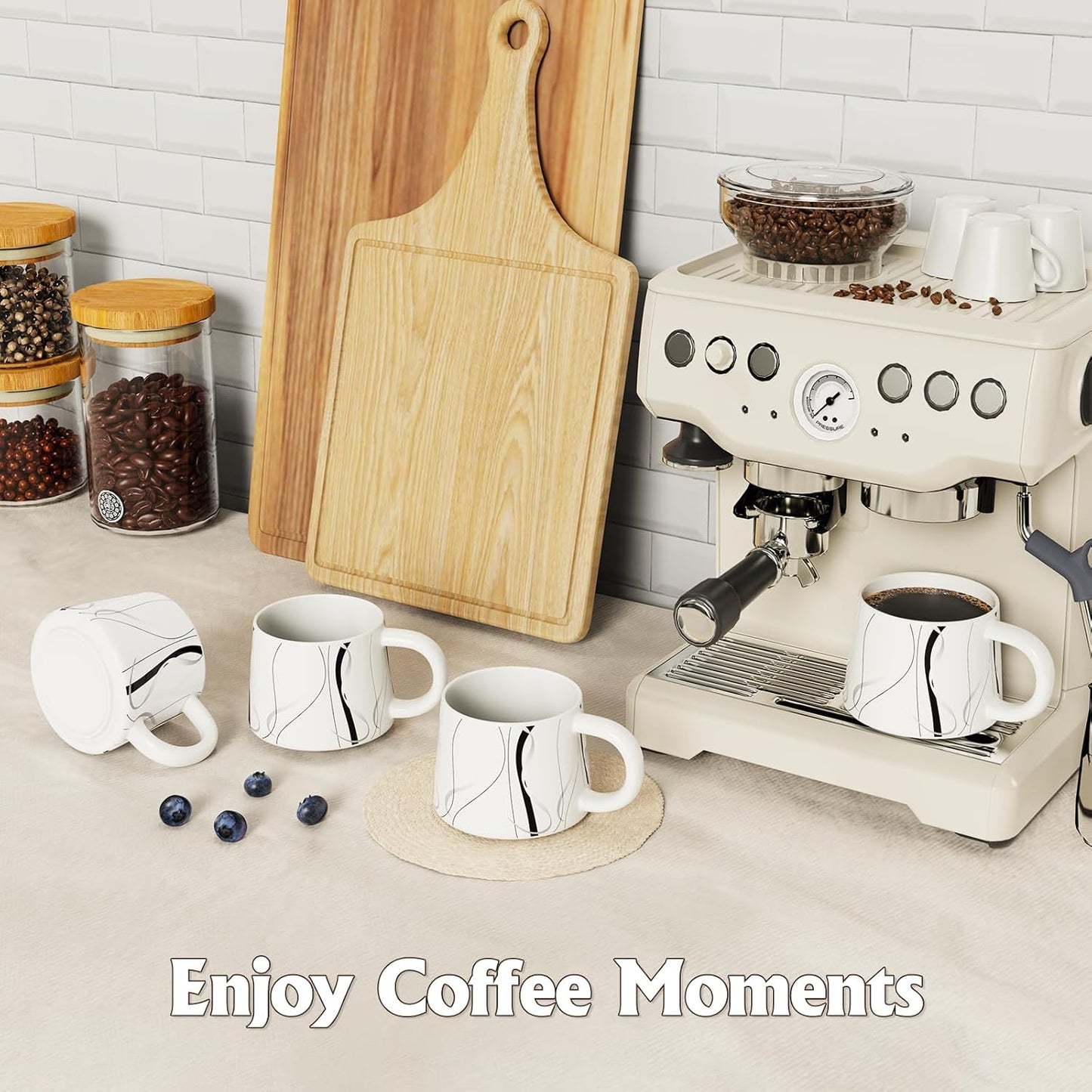 12 oz Coffee Mugs Set of 4, Modern Stackable Coffee Cups Set for Latte, Hot Tea, Cappuccino, Ceramic Coffee Mug Tea Cup, Dishwasher & Microwave Safe, Housewarming Wedding Present (White)