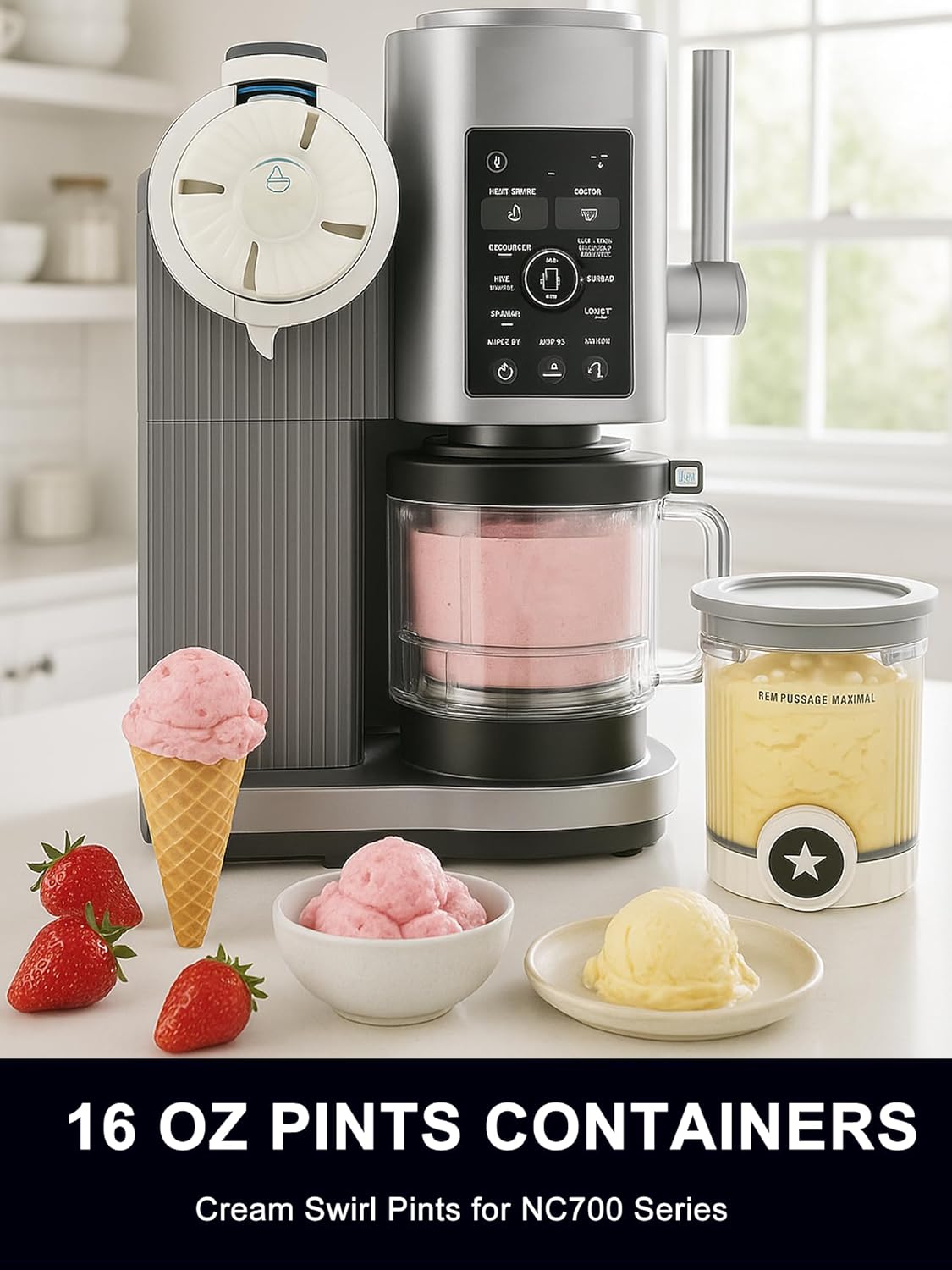 4 Pack Pint Containers Replacement for Ninja Creami Swirl NC700/NC701 Series, 16oz BPA-Free Ice Cream Pints with Lids, Leak-Proof & Dishwasher Safe (Grey)