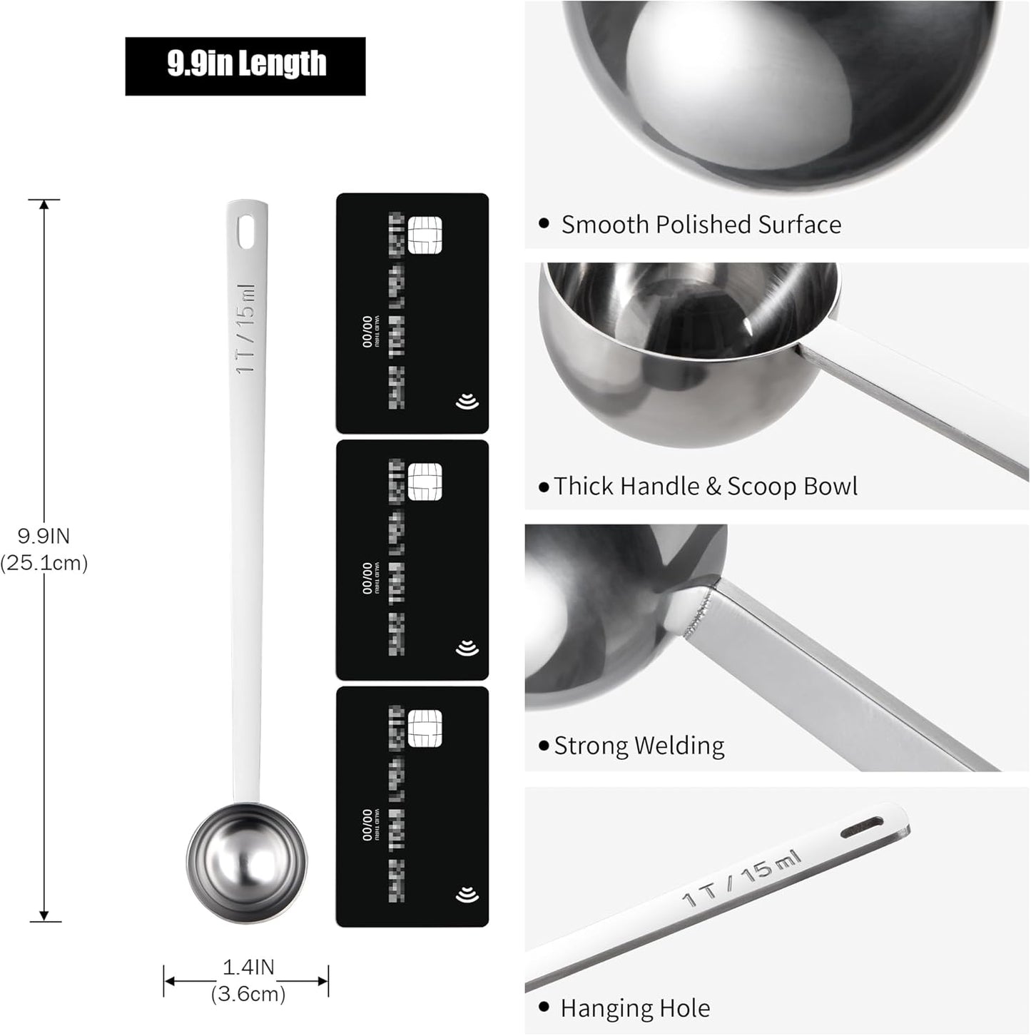 18/8 Stainless Steel Coffee Scoop, Doosu Food-Grade Metal Measuring Spoon with 8.5in Long Handle, Tablespoon Scooper for Coffee Beans, Ground Coffee, Espresso, Protein Powders, Tea, Sugar (1 Tbsp)