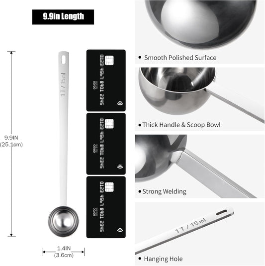 18/8 Stainless Steel Coffee Scoop, Doosu Food-Grade Metal Measuring Spoon with 8.5in Long Handle, Tablespoon Scooper for Coffee Beans, Ground Coffee, Espresso, Protein Powders, Tea, Sugar (1 Tbsp)