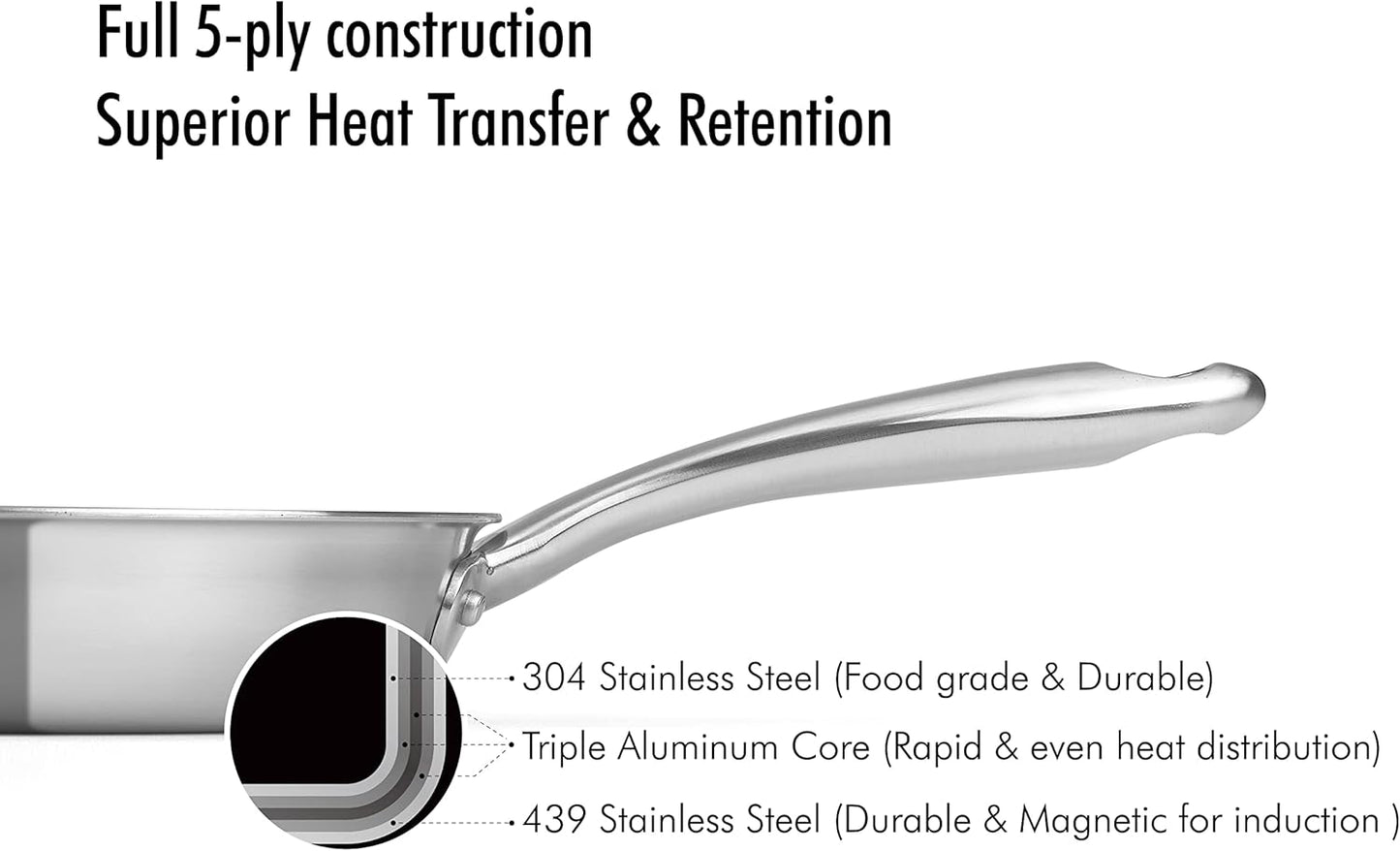 5-ply Stainless Steel Frying Pan 10inch, Full 5-Ply Clad Construction Professional Grade Pan, Brushed Finish, Induction Cooking Pan, Oven Safe, Dishwasher Safe