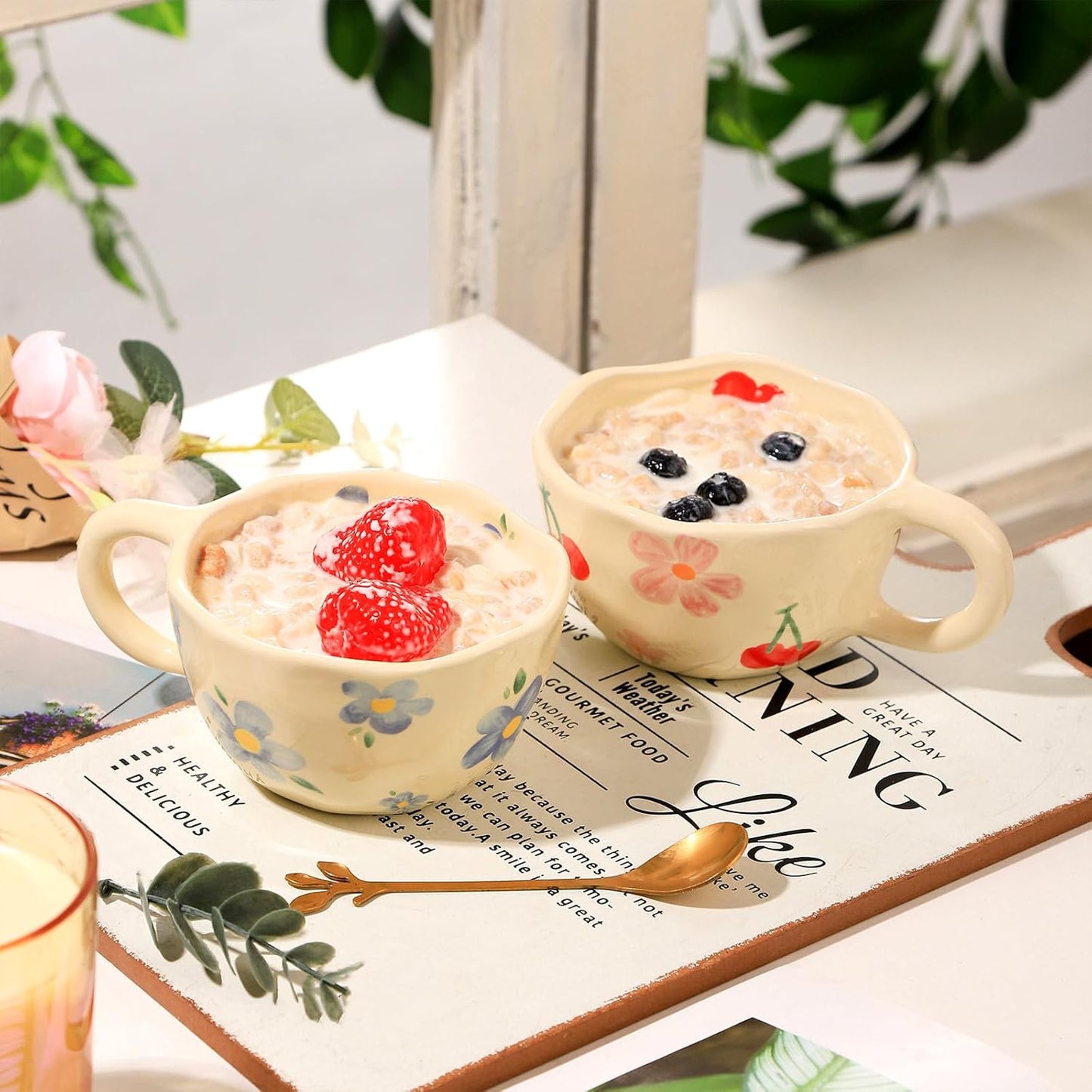 VanEnjoy Ceramic Cup, Cute Coffee Mug, Strawberry Mug, Aesthetic Coffee Mug, Retro Flower Mug, Ceramic Tea, 10oz/300ml for Tea Coffee, Milk and Oatmeal