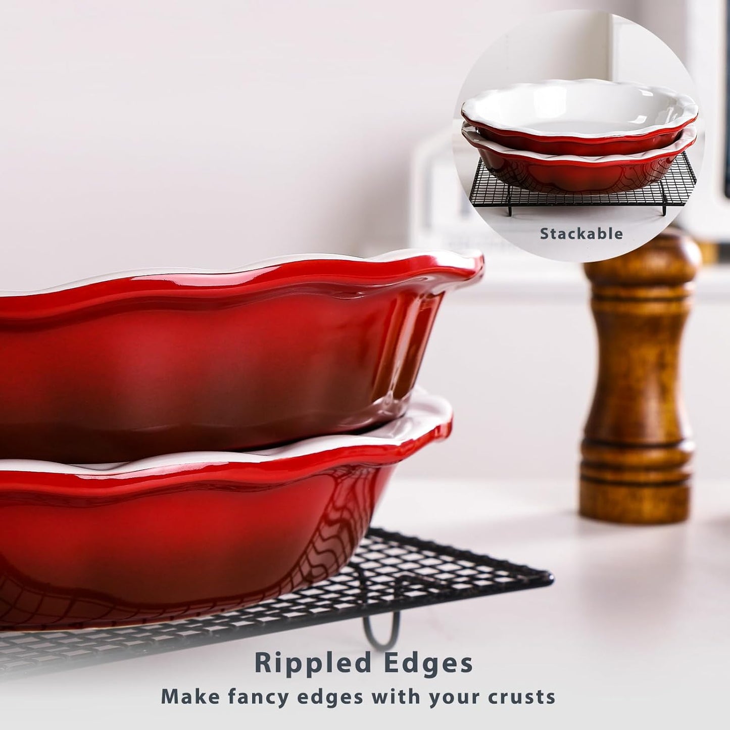 Lareina Deep Dish Pie Pan for Baking, 9 Inch Ceramic Fluted Pie Dish for Apple, Quiche, Pecan, Pot Pies, 53 Ounce Round Pie Plate, Set of 2, Red