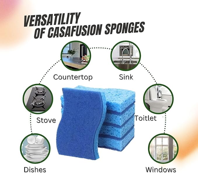 Non-Scratch Cellulose Scrub Sponges, Multipurpose ECO Friendly Plant Based Kitchen Cleaning Sponges, Dual-Sided, with Pan and Grill Scrappers, 12 Pack Blue, Green and Pink