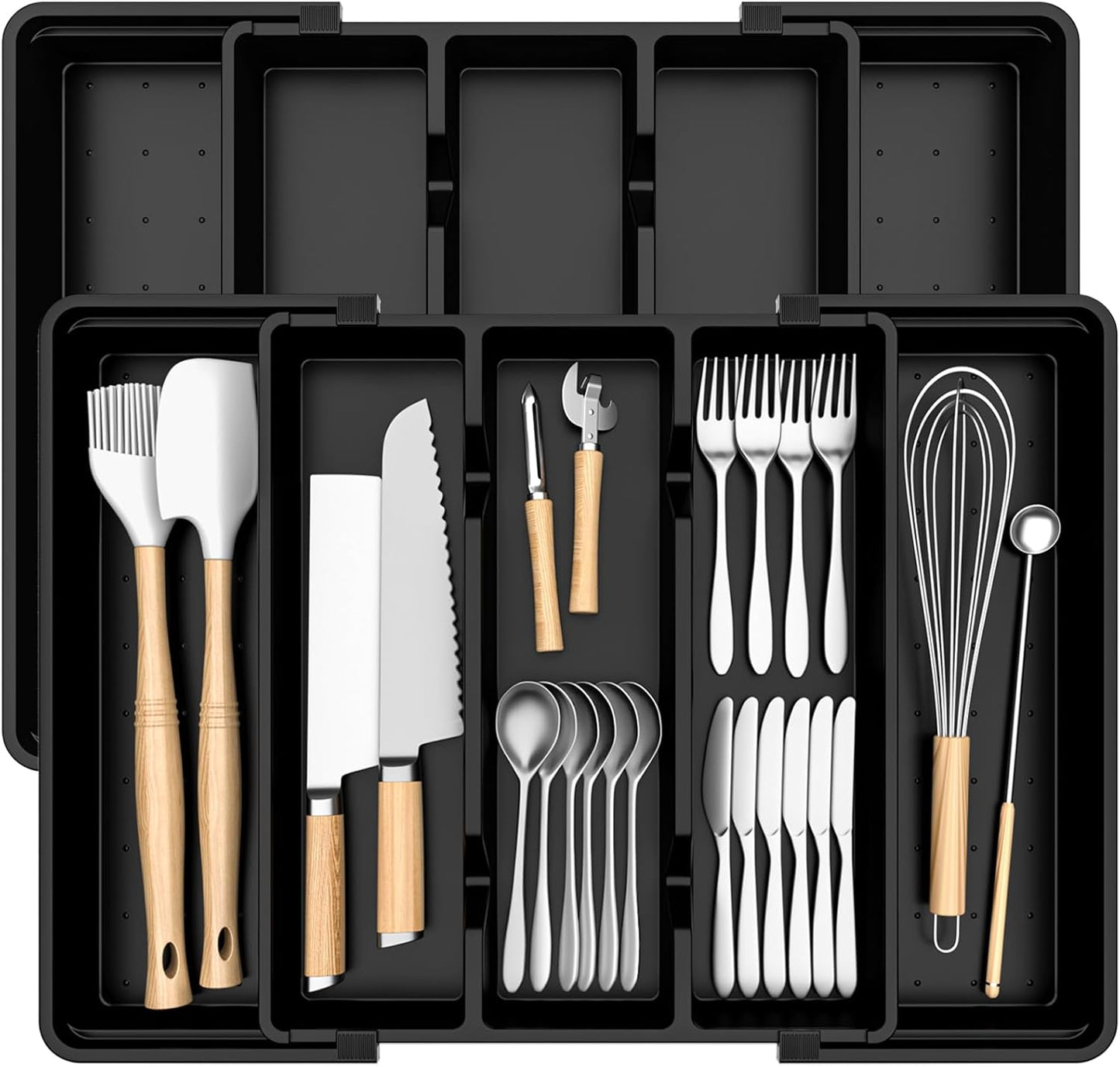 Silverware Organizer, Expandable Utensil Drawer Organizer for Kitchen Drawers, Kitchen Drawer Organizer for Spoons/Forks/Knives, Multipurpose & BPA Free Cutlery Tray, Black, 2 Pack