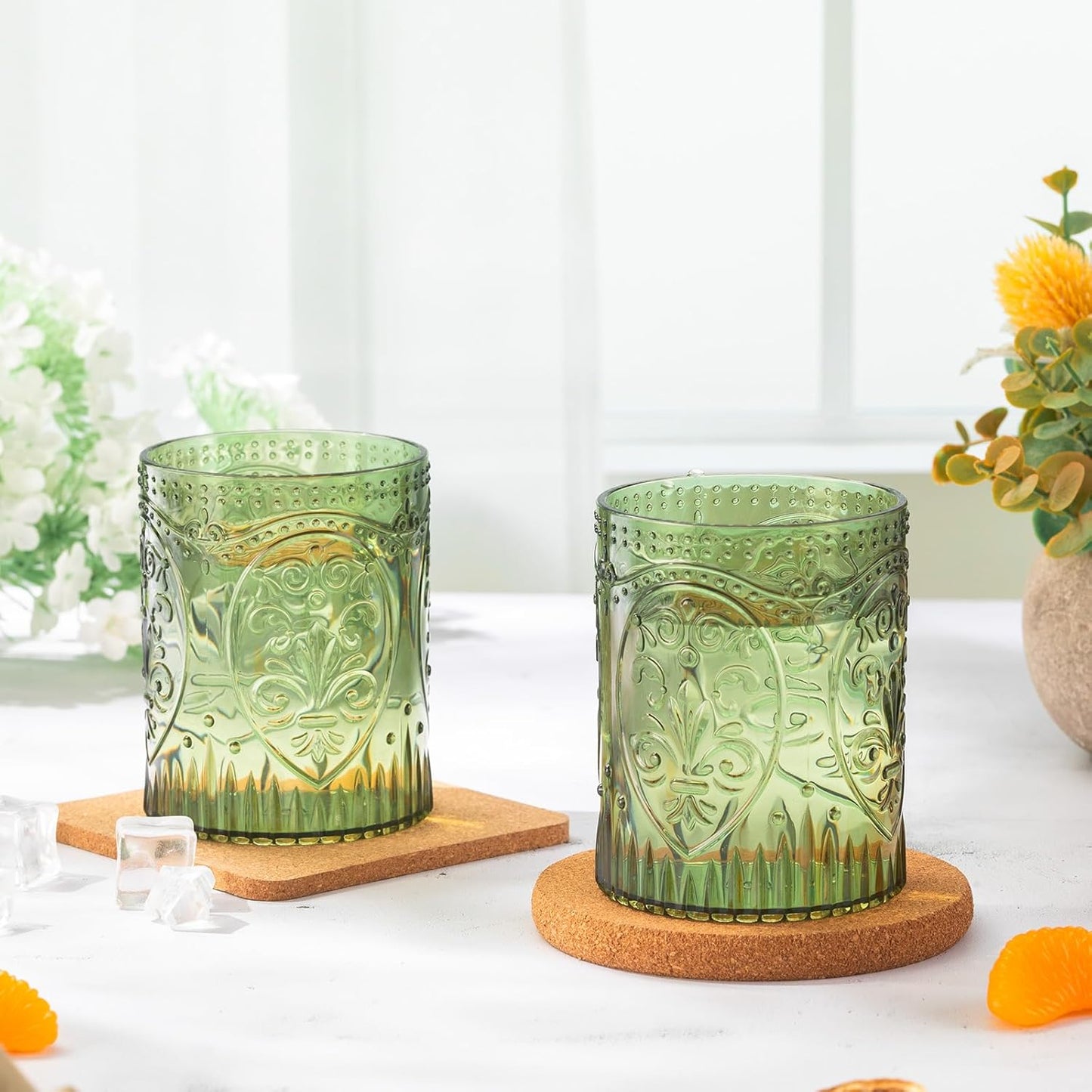 24 Plastic Vintage Drinking Glasses 8.5oz Stemless Retro Embossed Wine Glasses Shatterproof Reusable Cups for Baby Shower Wedding Reception Grand Event Party (Dark Green)