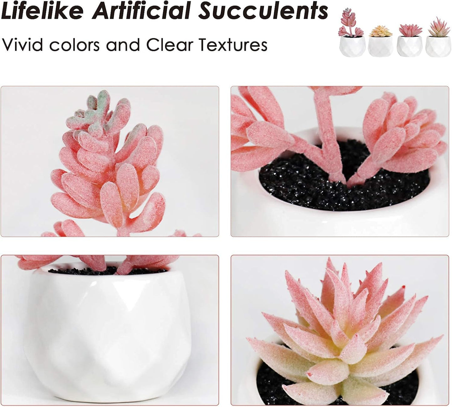 Tiita Artificial Faux Succulents in Pots, Pink Fake Plants Ceramic Arrangement Planter for Women Desk Small Mini Tiny Decoration for Home Office Desk Window 4 Set, Pink