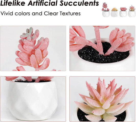 Tiita Artificial Faux Succulents in Pots, Pink Fake Plants Ceramic Arrangement Planter for Women Desk Small Mini Tiny Decoration for Home Office Desk Window 4 Set, Pink