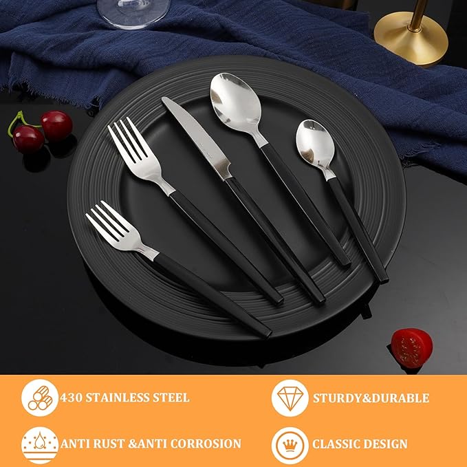 Silverware Sets - 48 PCS 18/0 Food Grade Stainless Steel Silverware Sets Service for 8 Dishwasher Safe, Mirror Polished Flatware Set For Home,Restaurant,Hotel, Wedding, Parties（Black）