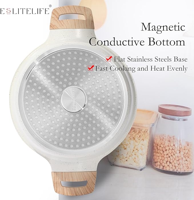 ESLITE LIFE Nonstick Stock Pot with Lid, 3 Quart Granite Casserole Small Soup Pot Pasta Cooking Pot, Induction Compatible, PTFE & PFOA Free, White