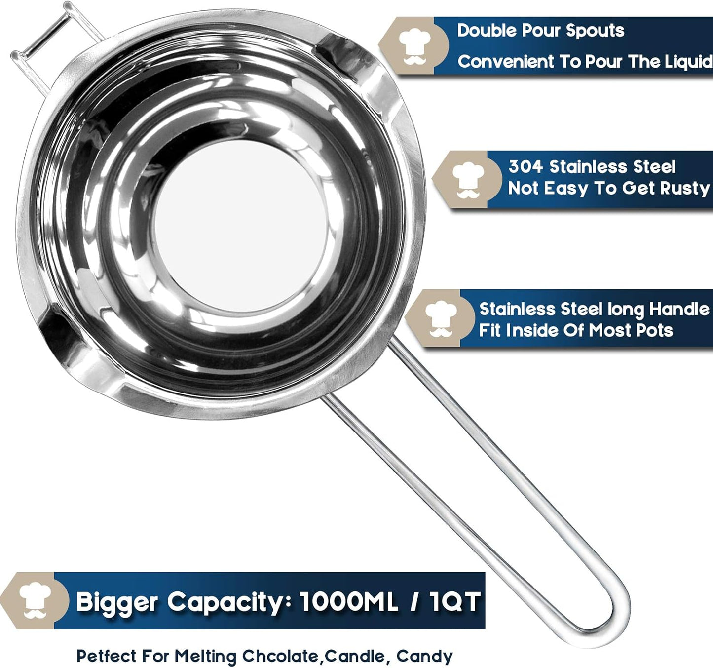 1000ML/1QT Double Boiler Chocolate Melting Pot, 304 Stainless Steel Candle Making Kit with Silicone Spatula for Chocolate, Candy, Candle, Soap, Wax