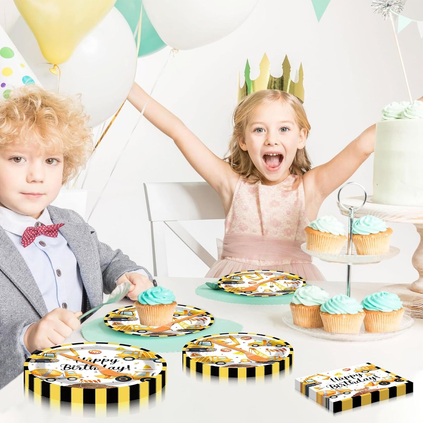 100 Pcs Construction Truck Party Tableware Set – Disposable Vehicle Theme Plates, Napkins, and Forks for Boys Birthday Parties and Truck-Themed Celebrations – Serves 25
