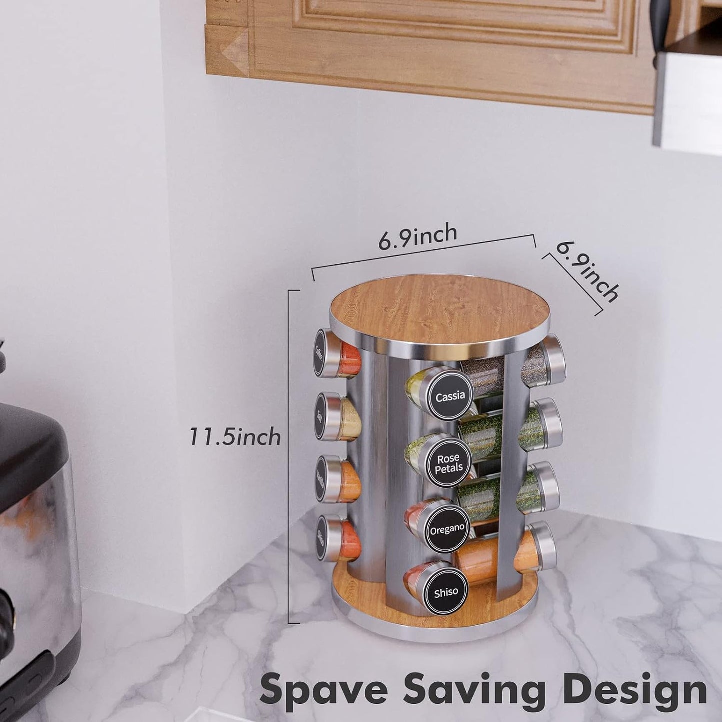 New England Stories Revolving Spice Rack Set with 16 Spice Jars, Kitchen Spice Tower Organizer for Countertop or Cabinet - Carousel Storage Includes 386 Spice Labels