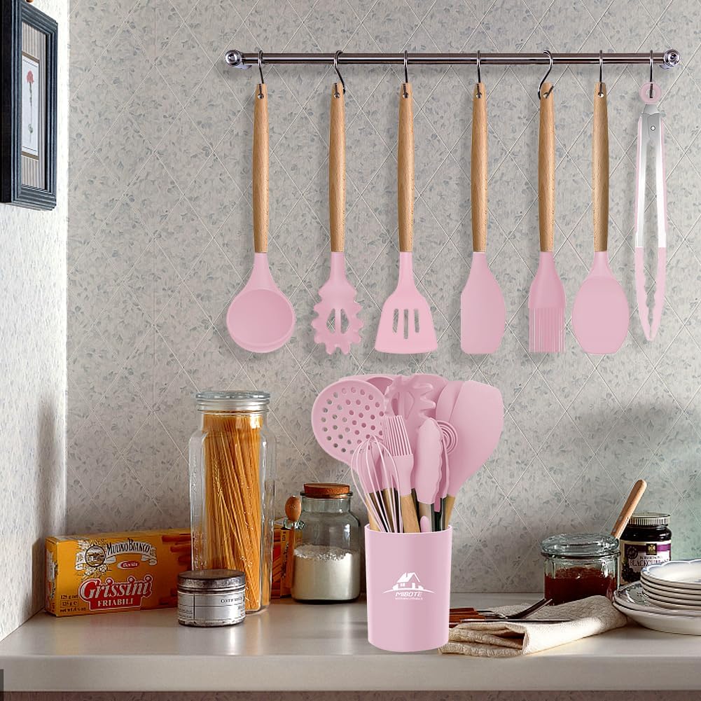 MIBOTE Silicone Cooking Kitchen Utensils Set with Holder, Wooden Handles BPA Free Silicone Turner Tongs Spatula Spoon Kitchen Gadgets Utensil Set for Nonstick Cookware (Pinky)