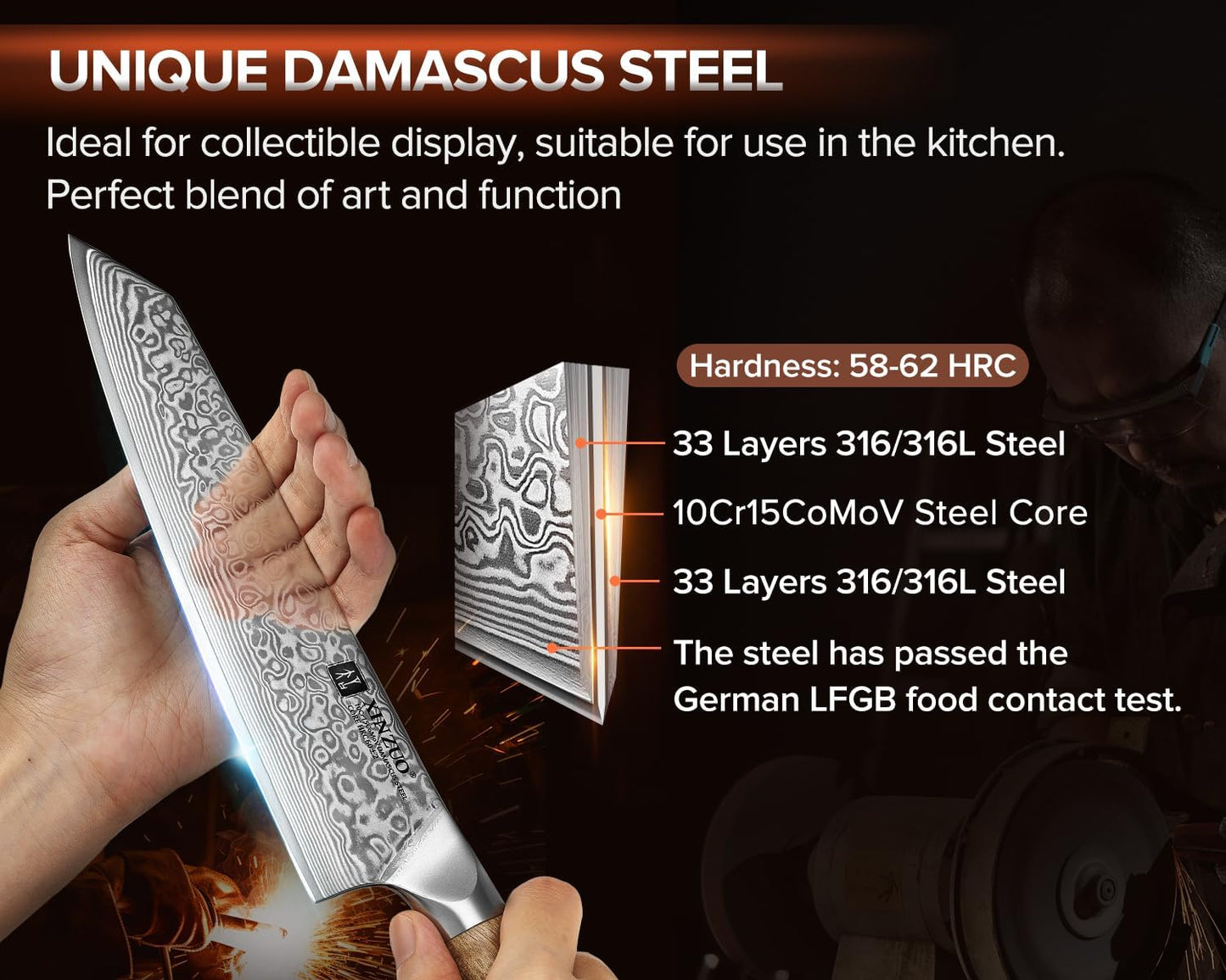 XINZUO Damascus 8.3 Inch Kiritsuke Chef Knife,Hand Forged High Carbon Steel Sharp Kitchen Cutting Knife,Comfortable Ergonomic Full Tang Figured Sycamore Wood Handle