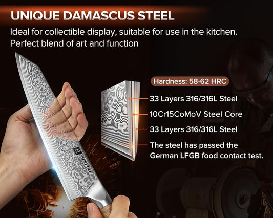 XINZUO Damascus 8.3 Inch Kiritsuke Chef Knife,Hand Forged High Carbon Steel Sharp Kitchen Cutting Knife,Comfortable Ergonomic Full Tang Figured Sycamore Wood Handle