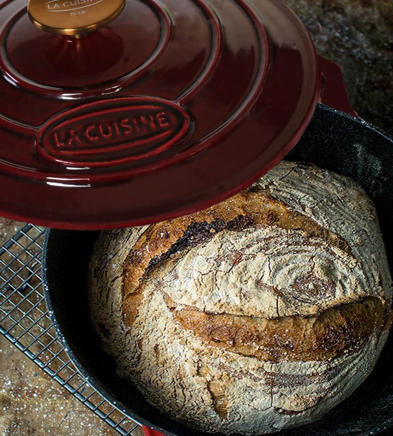 La Cuisine Enameled Cast Iron Dutch Oven Casserole Dish Pot with Lid, 2.1 QT 7.9“ /20cm Dia. Internal Matte Black Enamel Coating, Gold-Plated SS Lid Handle Oven Safe up to 500° F, Cranberry